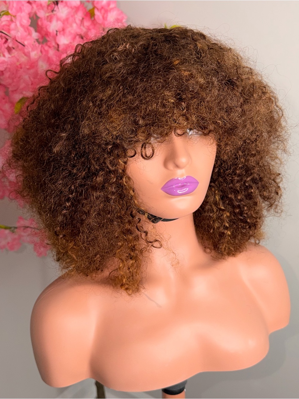 Natural Curly Brown Women’s Wig with Fringe - Unbranded